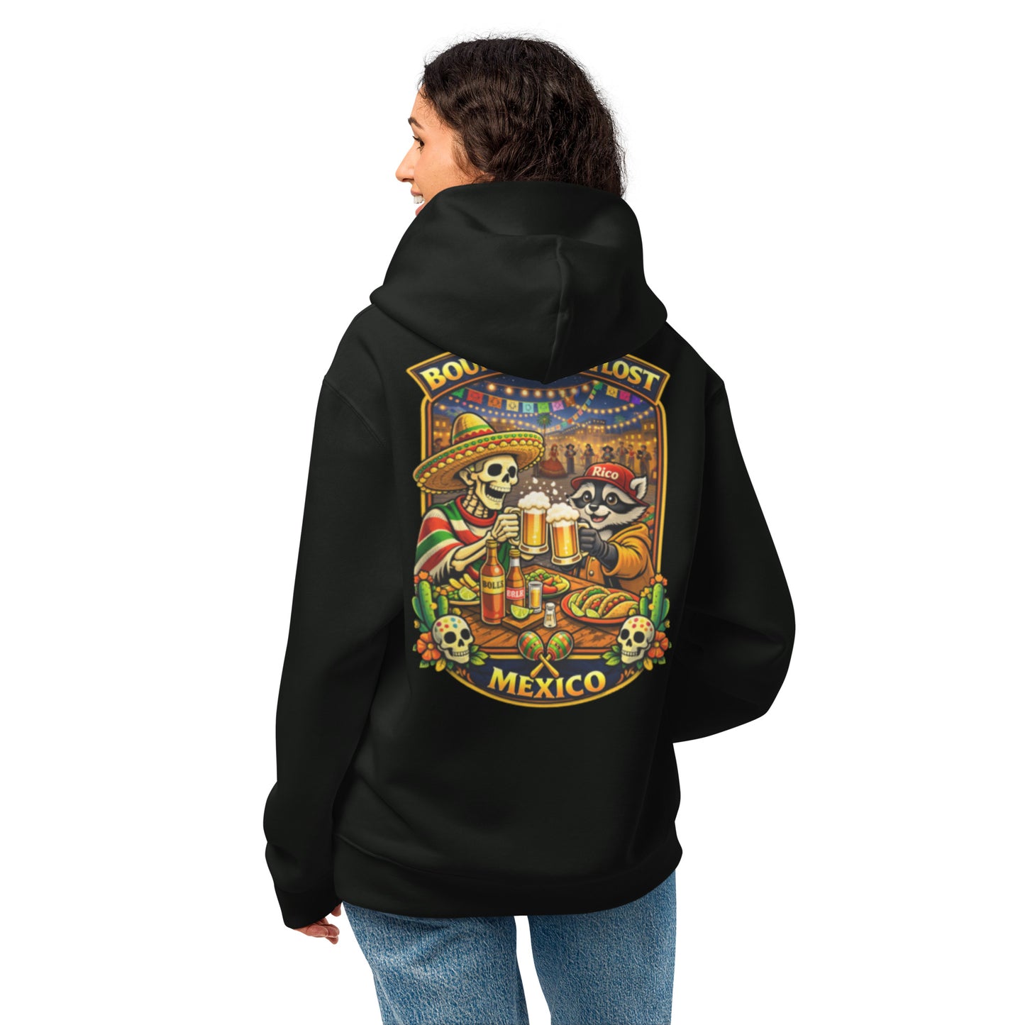 Boundless And Lost Mexico adventure hoodie featuring Bones skeleton and Rico raccoon celebrating tacos and cerveza