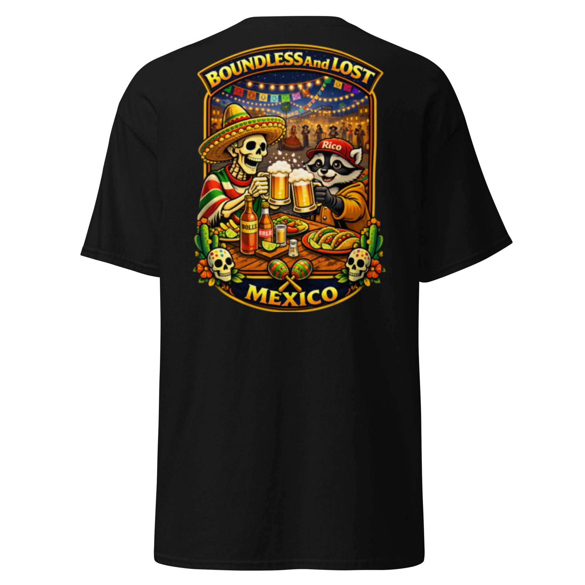 Boundless And Lost Mexico adventure graphic t-shirt featuring Bones and Rico celebrating tacos and cerveza
