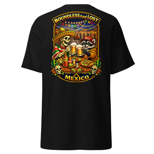 Boundless And Lost Mexico adventure graphic t-shirt featuring Bones and Rico celebrating tacos and cerveza