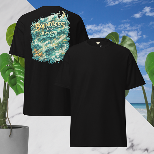 Boundless And Lost ocean wave graphic tee inspired by sailing and coastal exploration
