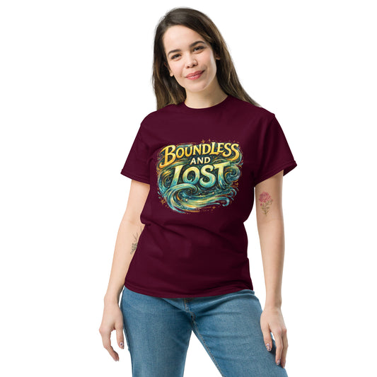 Boundless And Lost swirl logo adventure t-shirt with artistic exploration graphic