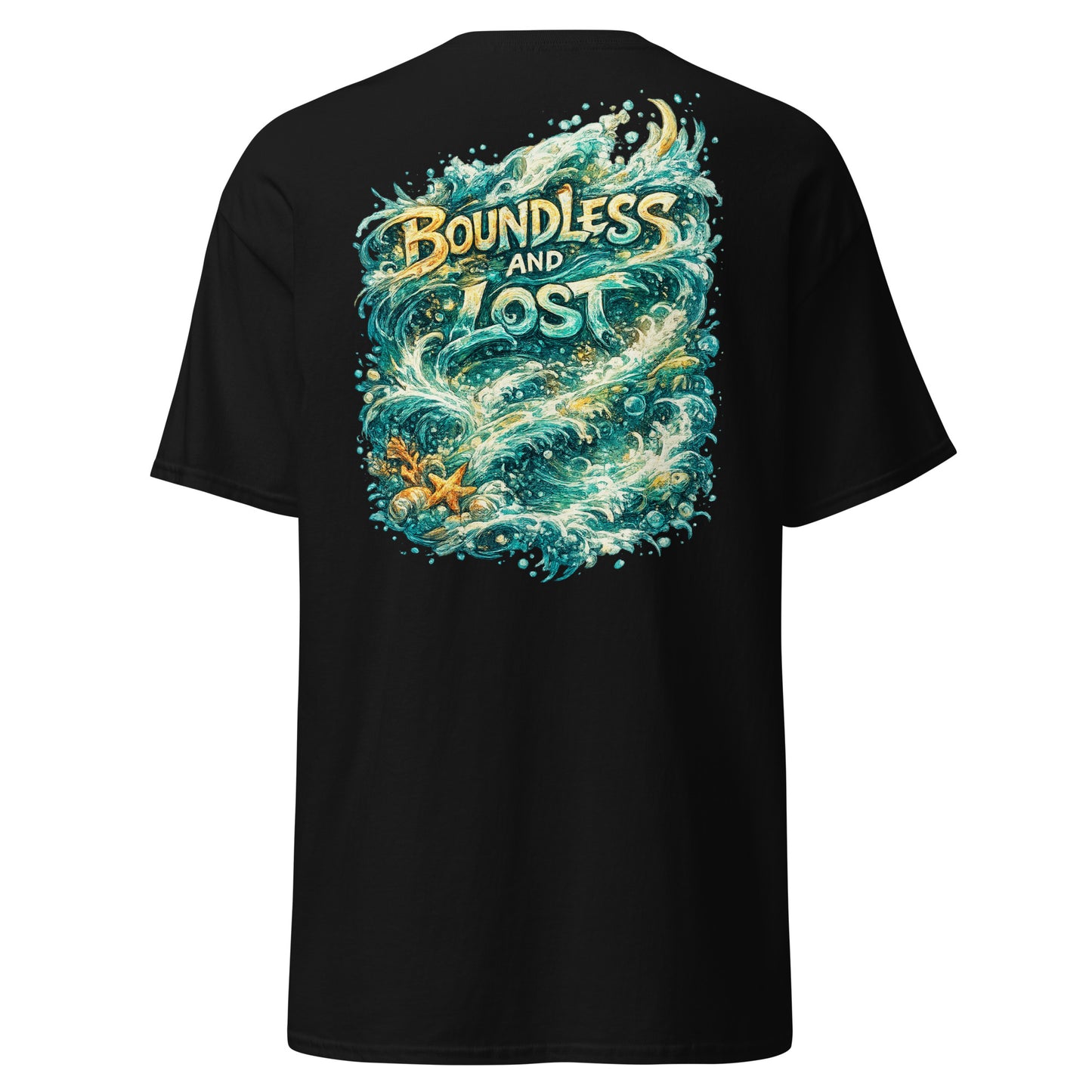 Boundless And Lost graphic t-shirt featuring large ocean wave artwork with bold lettering on back