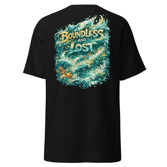 Boundless And Lost graphic t-shirt featuring large ocean wave artwork with bold lettering on back