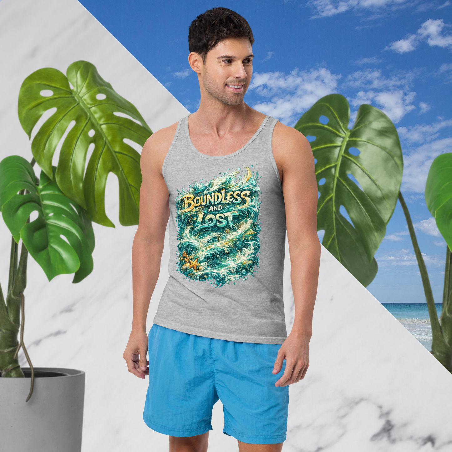 Lightweight graphic tank top with ocean design, worn in tropical outdoor setting